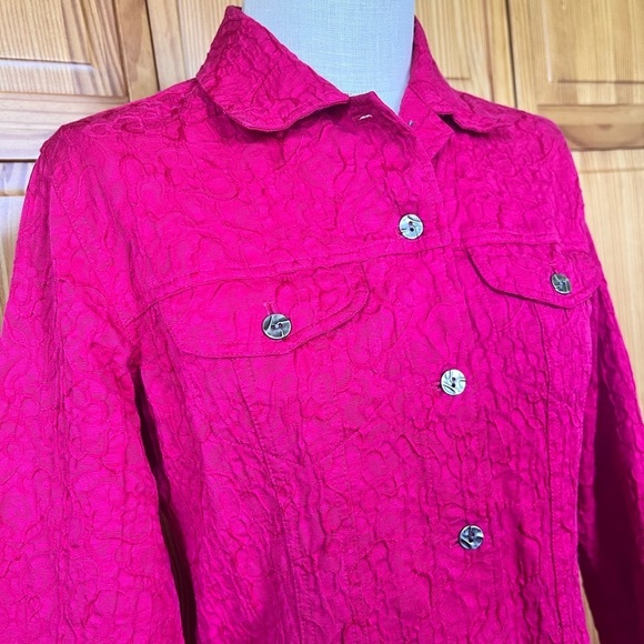 Chicos 0 Small Vibrant Pink Textured Blazer Jacket Artsy Bold Office Coastal - Picture 5 of 7